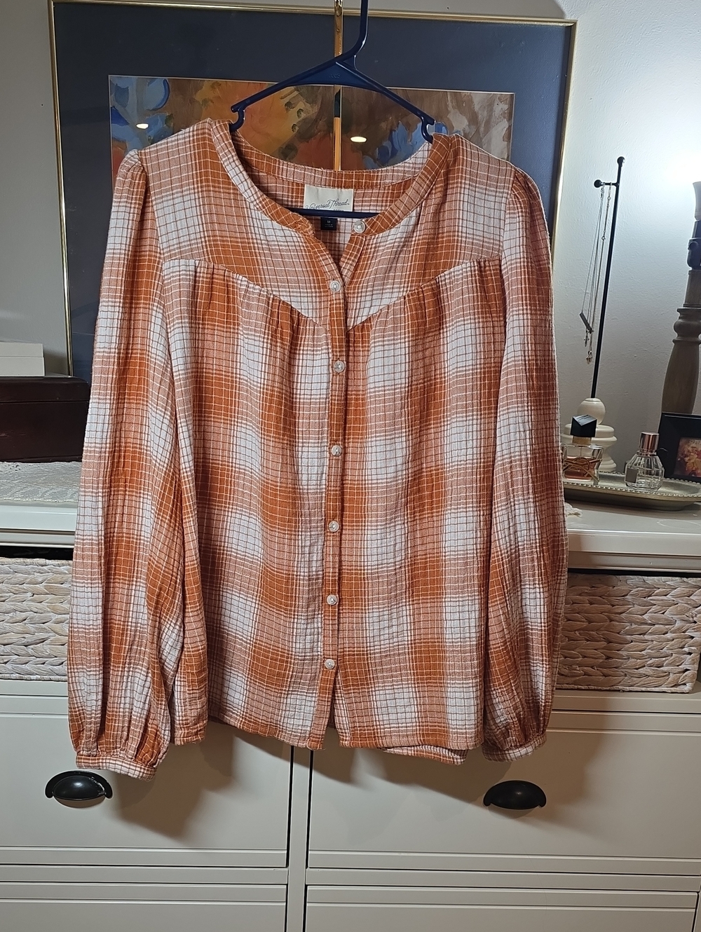 Universal Thread Lightweight Orange Plaid Button-Front Women's Top Shirt Medium - Picture 2 of 12